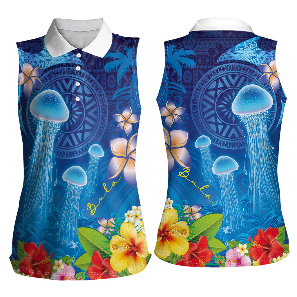 Fiji Jellyfish Women Sleeveless Polo Shirt Tapa Patterns and Hibiscus Sea Vibe LT03 - Polynesian Pride