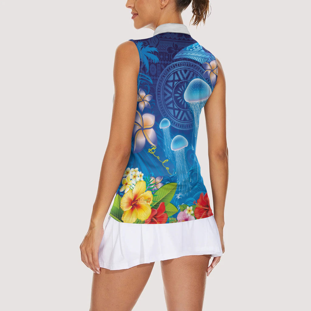 Fiji Jellyfish Women Sleeveless Polo Shirt Tapa Patterns and Hibiscus Sea Vibe LT03 - Polynesian Pride