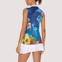 Fiji Jellyfish Women Sleeveless Polo Shirt Tapa Patterns and Hibiscus Sea Vibe LT03 - Polynesian Pride