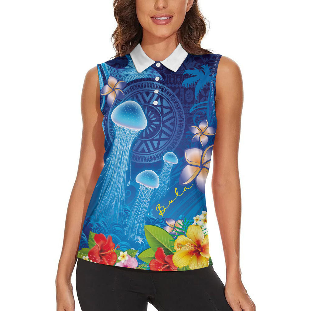 Fiji Jellyfish Women Sleeveless Polo Shirt Tapa Patterns and Hibiscus Sea Vibe LT03 - Polynesian Pride