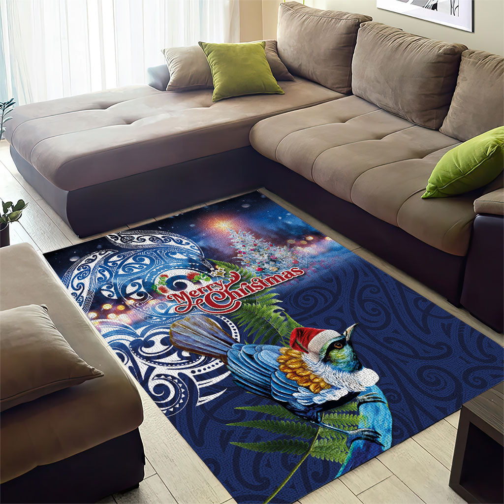 New Zealand Merry Christmas Area Rug Maori Tribal Pattern with Xmas Tui Bird