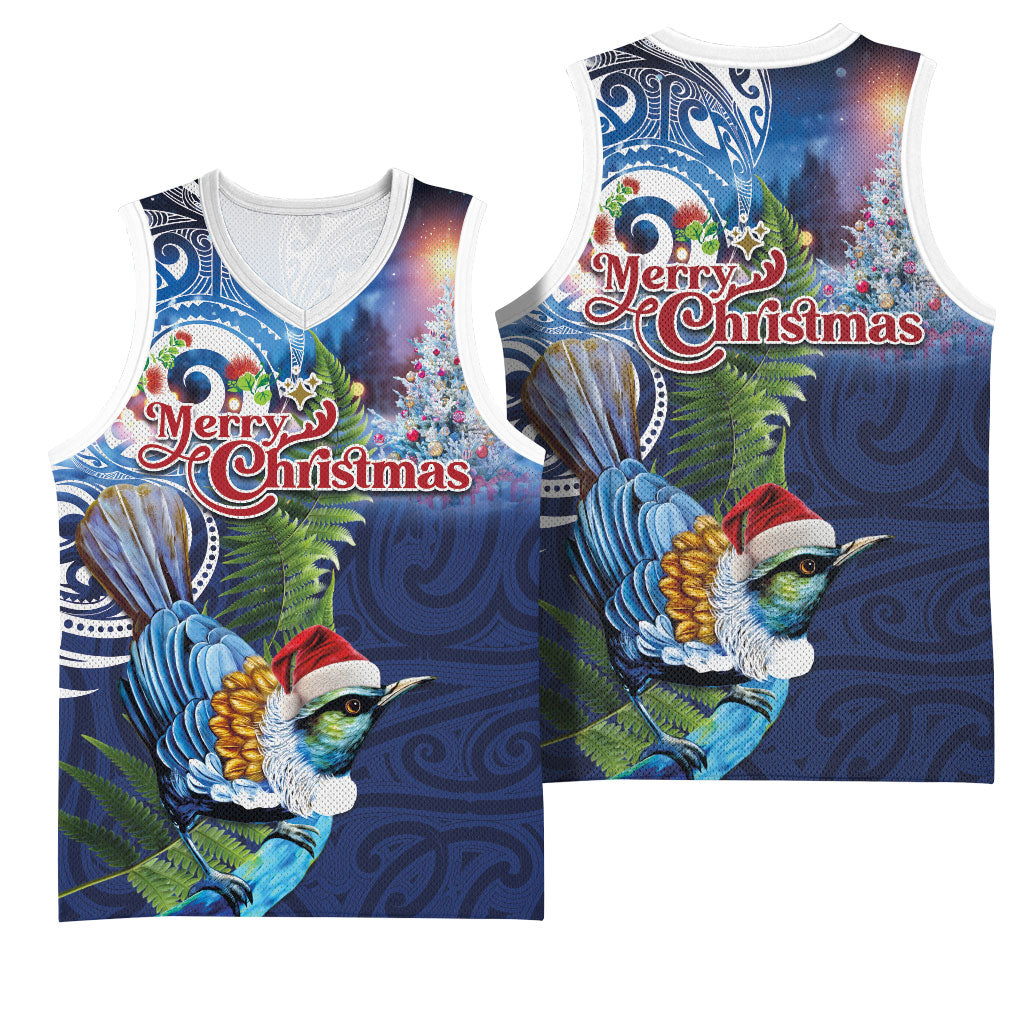 New Zealand Merry Christmas Basketball Jersey Maori Tribal Pattern with Xmas Tui Bird LT03 - Polynesian Pride