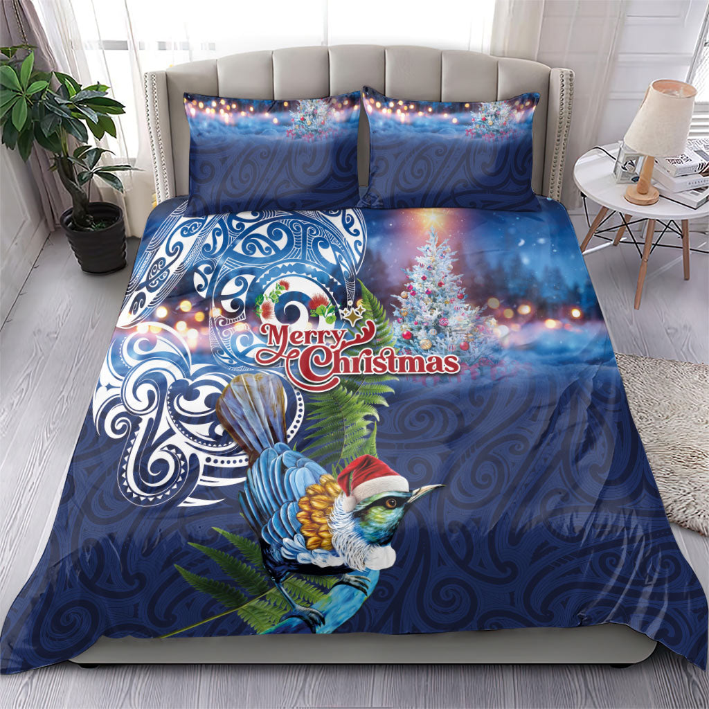New Zealand Merry Christmas Bedding Set Maori Tribal Pattern with Xmas Tui Bird