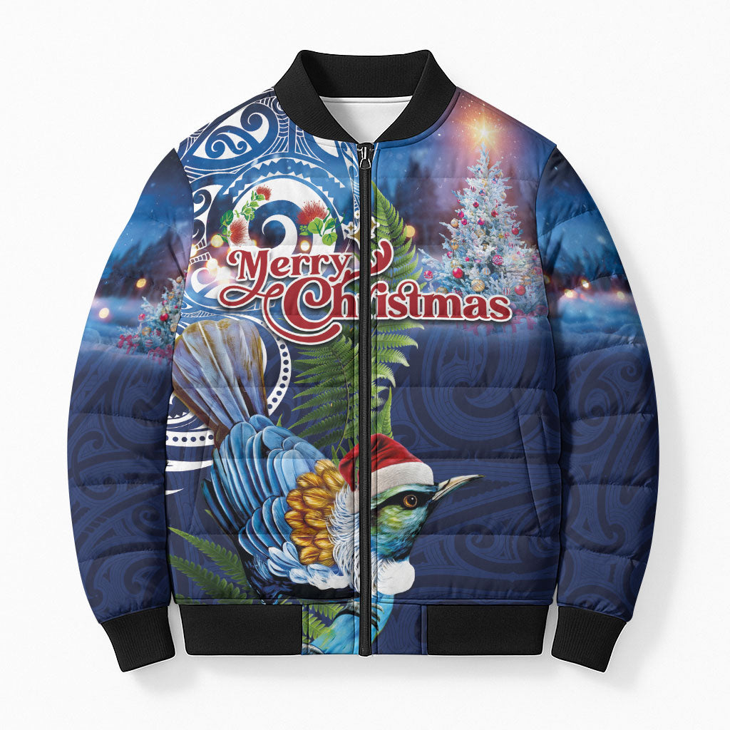 New Zealand Merry Christmas Bomber Puffer Jacket Maori Tribal Pattern with Xmas Tui Bird