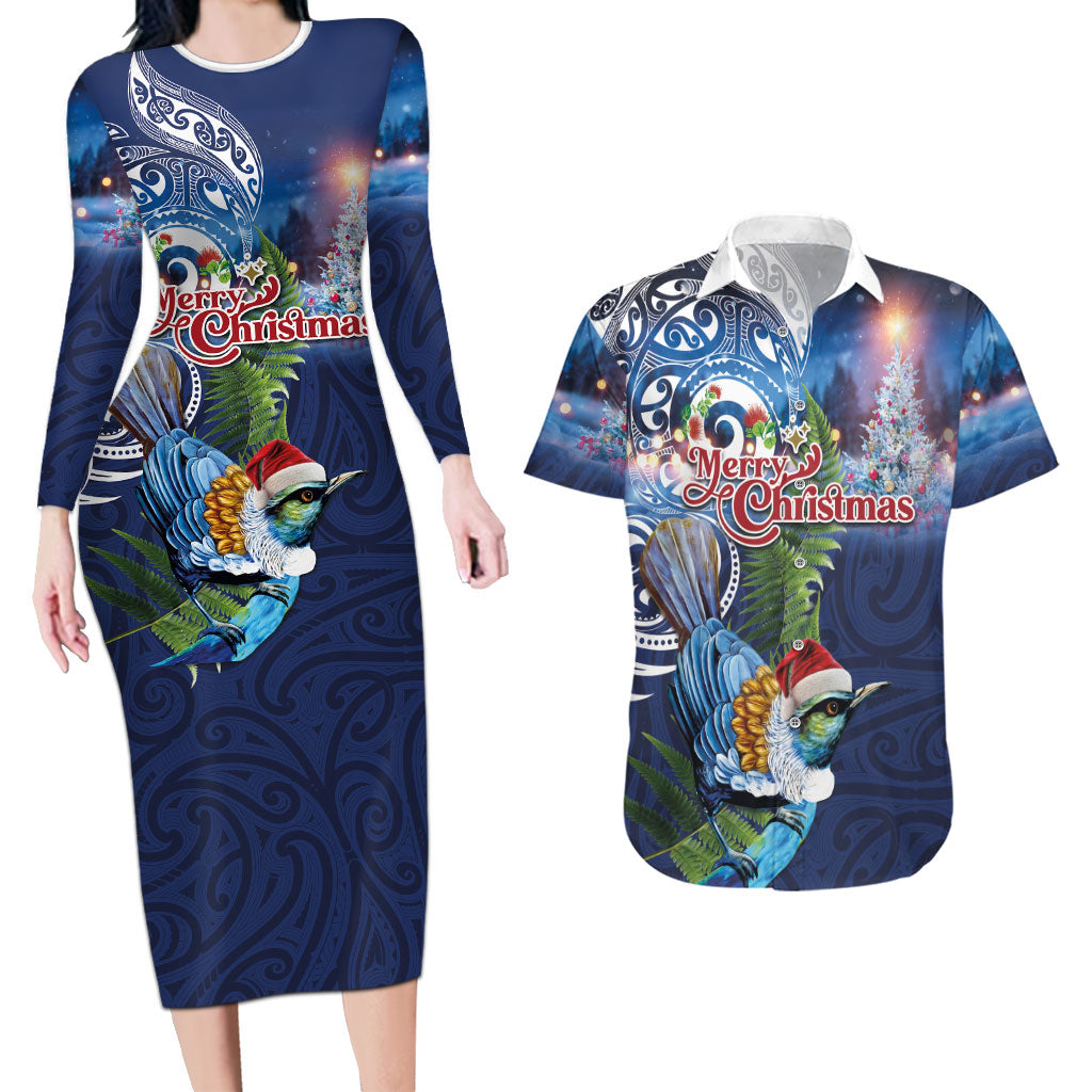 New Zealand Merry Christmas Couples Matching Long Sleeve Bodycon Dress and Hawaiian Shirt Maori Tribal Pattern with Xmas Tui Bird LT03 Multicolor - Polynesian Pride