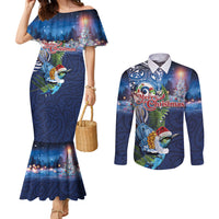 New Zealand Merry Christmas Couples Matching Mermaid Dress and Long Sleeve Button Shirt Maori Tribal Pattern with Xmas Tui Bird LT03 Multicolor - Polynesian Pride
