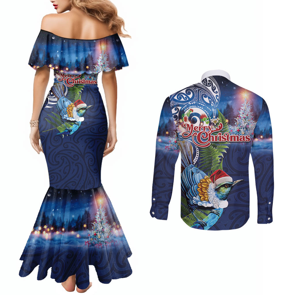 New Zealand Merry Christmas Couples Matching Mermaid Dress and Long Sleeve Button Shirt Maori Tribal Pattern with Xmas Tui Bird LT03 - Polynesian Pride