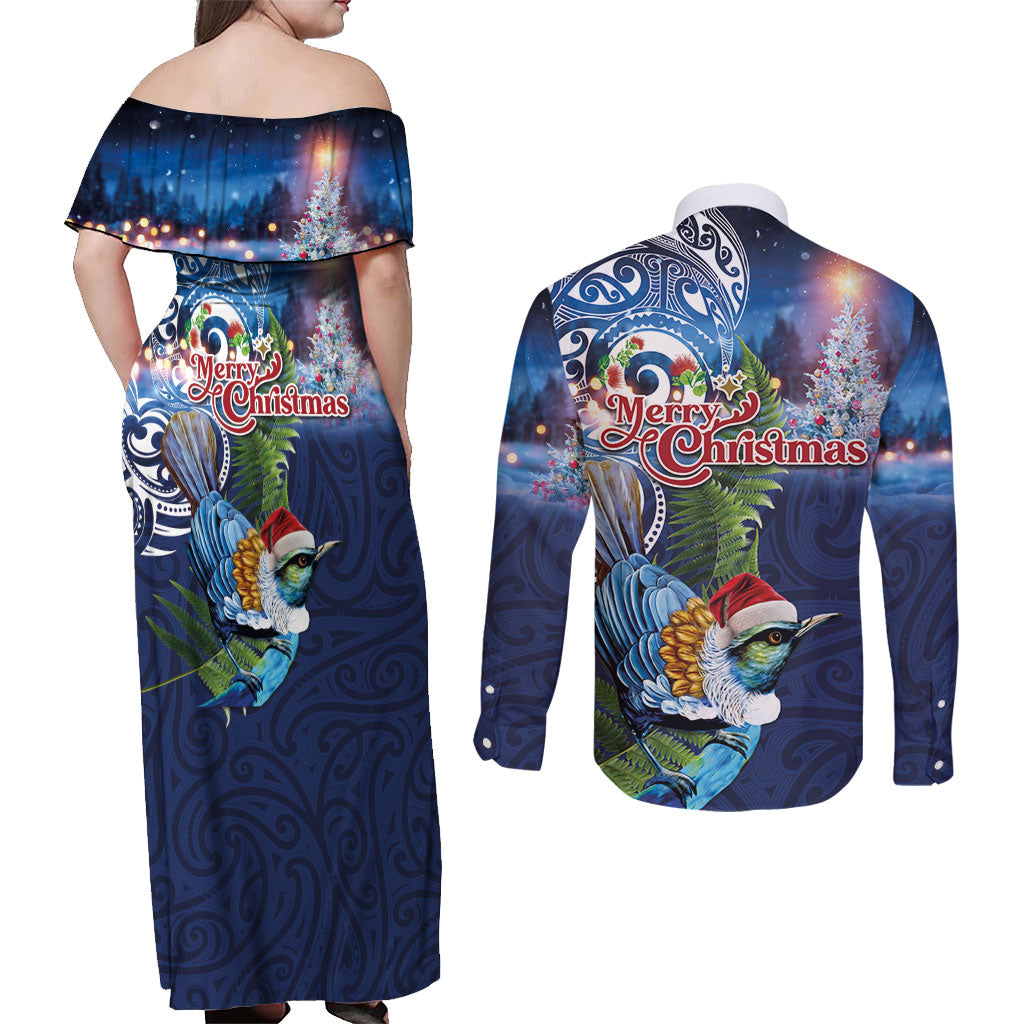 New Zealand Merry Christmas Couples Matching Off Shoulder Maxi Dress and Long Sleeve Button Shirt Maori Tribal Pattern with Xmas Tui Bird LT03 - Polynesian Pride