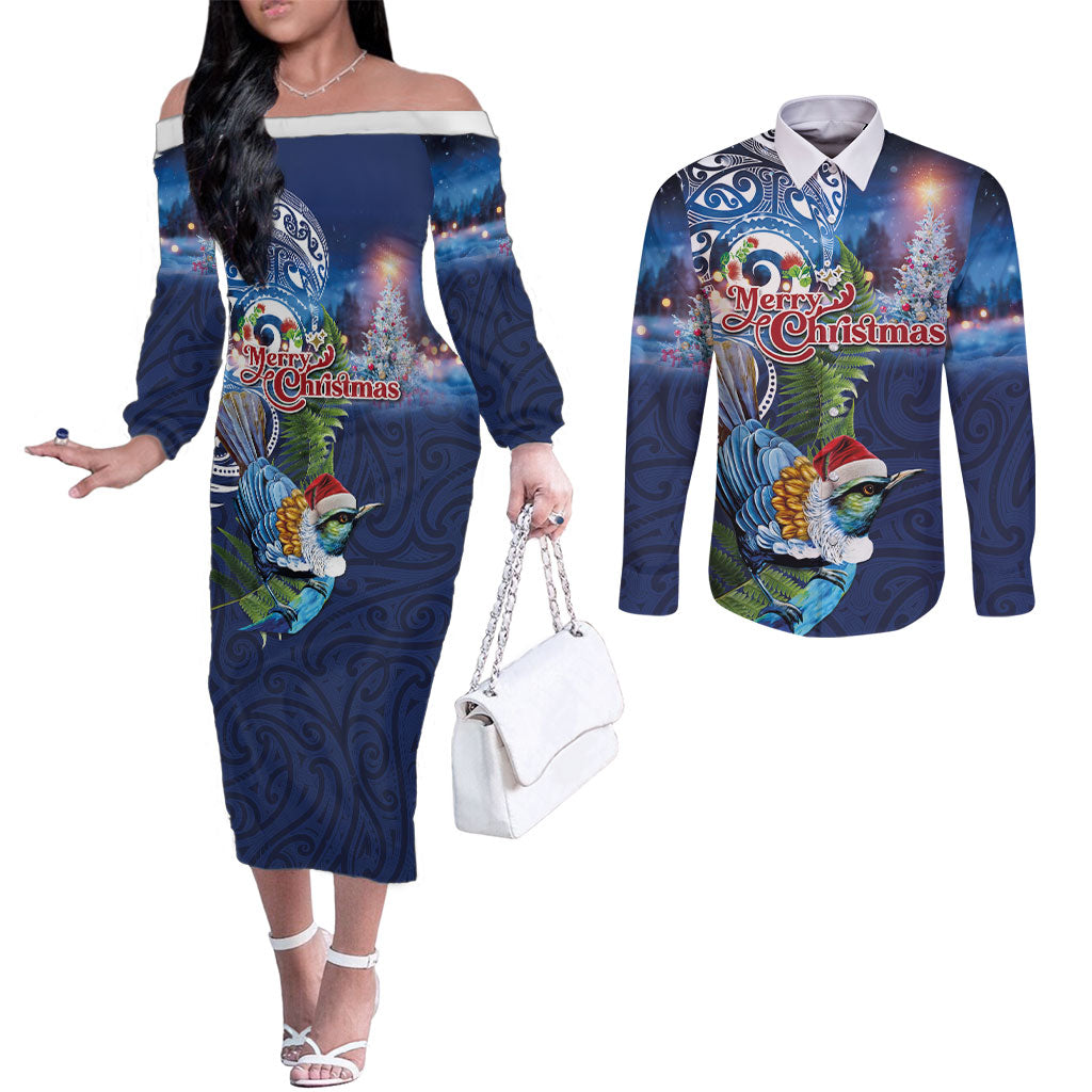 New Zealand Merry Christmas Couples Matching Off The Shoulder Long Sleeve Dress and Long Sleeve Button Shirt Maori Tribal Pattern with Xmas Tui Bird LT03 Multicolor - Polynesian Pride