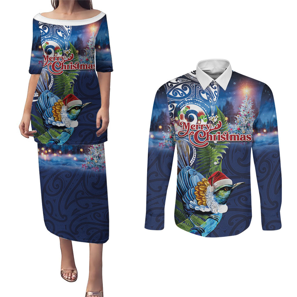 New Zealand Merry Christmas Couples Matching Puletasi and Long Sleeve Button Shirt Maori Tribal Pattern with Xmas Tui Bird LT03 Multicolor - Polynesian Pride