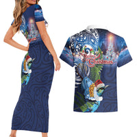New Zealand Merry Christmas Couples Matching Short Sleeve Bodycon Dress and Hawaiian Shirt Maori Tribal Pattern with Xmas Tui Bird LT03 - Polynesian Pride