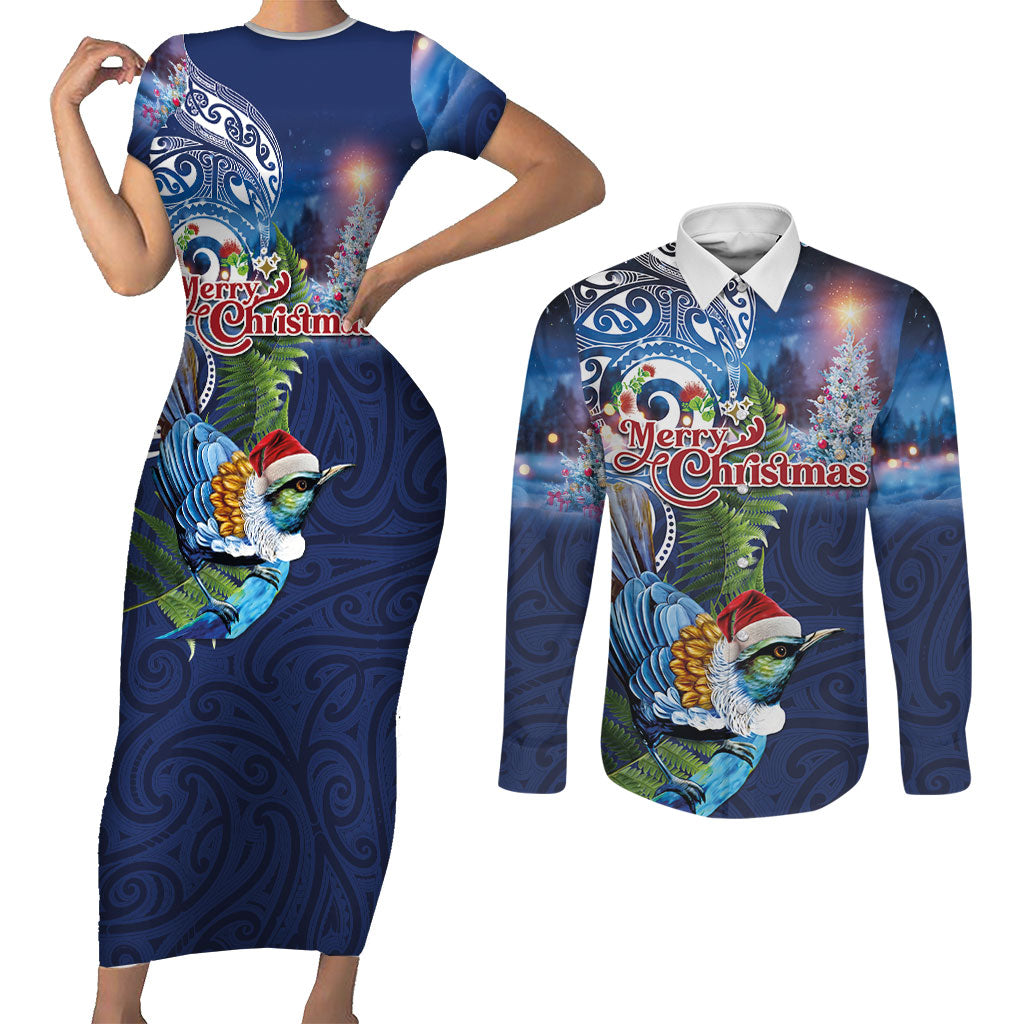 New Zealand Merry Christmas Couples Matching Short Sleeve Bodycon Dress and Long Sleeve Button Shirt Maori Tribal Pattern with Xmas Tui Bird