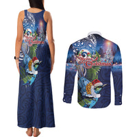 New Zealand Merry Christmas Couples Matching Tank Maxi Dress and Long Sleeve Button Shirt Maori Tribal Pattern with Xmas Tui Bird LT03 - Polynesian Pride