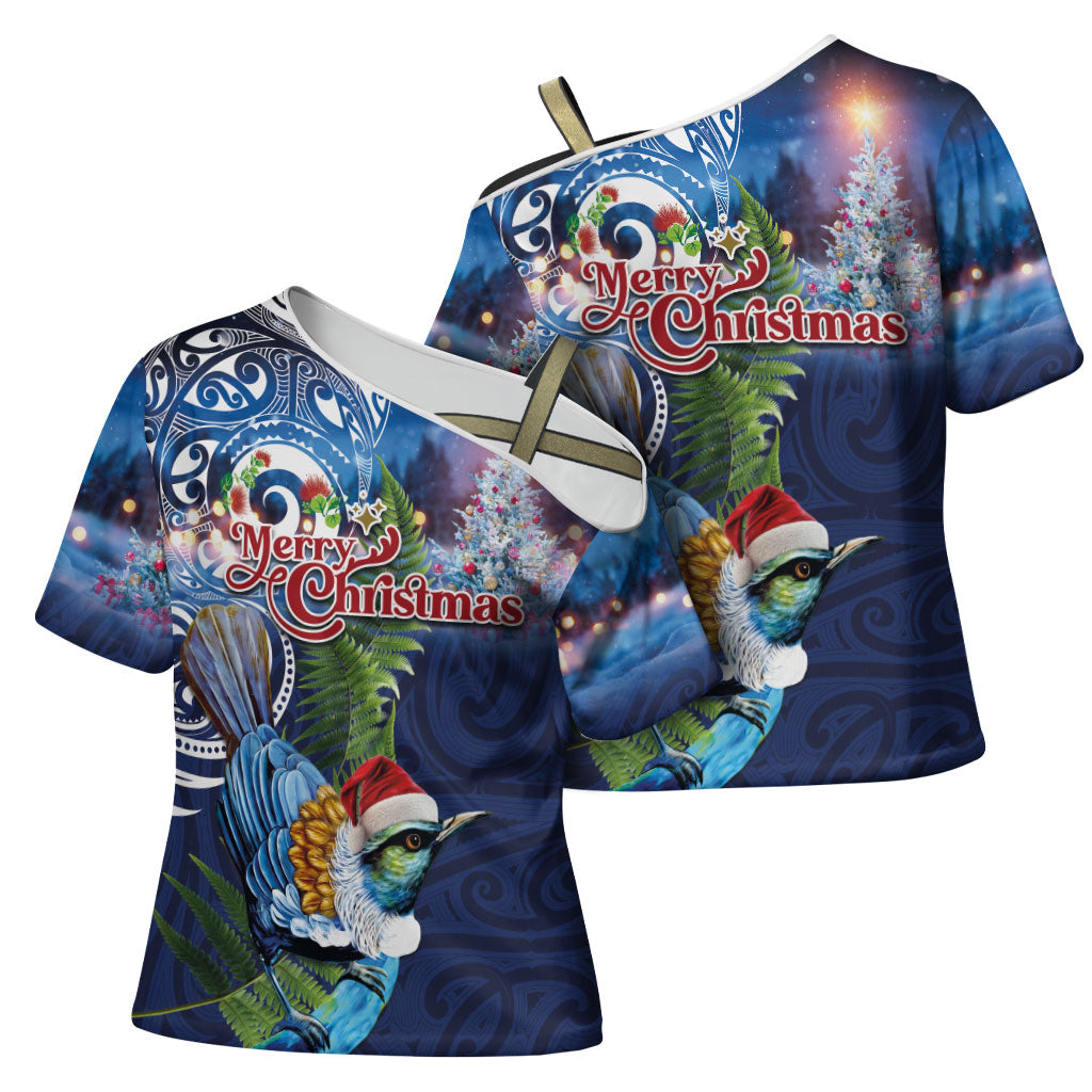 New Zealand Merry Christmas Cross Shoulder Shirt Maori Tribal Pattern with Xmas Tui Bird LT03 - Polynesian Pride