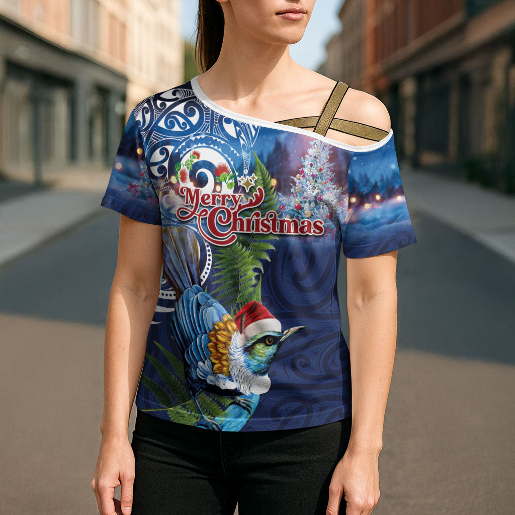 New Zealand Merry Christmas Cross Shoulder Shirt Maori Tribal Pattern with Xmas Tui Bird LT03 - Polynesian Pride