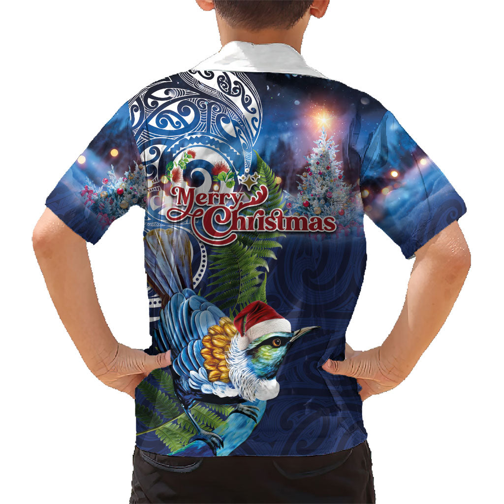 New Zealand Merry Christmas Family Matching Long Sleeve Bodycon Dress and Hawaiian Shirt Maori Tribal Pattern with Xmas Tui Bird LT03 - Polynesian Pride