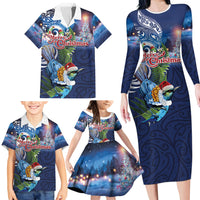 New Zealand Merry Christmas Family Matching Long Sleeve Bodycon Dress and Hawaiian Shirt Maori Tribal Pattern with Xmas Tui Bird LT03 - Polynesian Pride