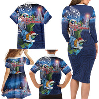 New Zealand Merry Christmas Family Matching Long Sleeve Bodycon Dress and Hawaiian Shirt Maori Tribal Pattern with Xmas Tui Bird LT03 - Polynesian Pride