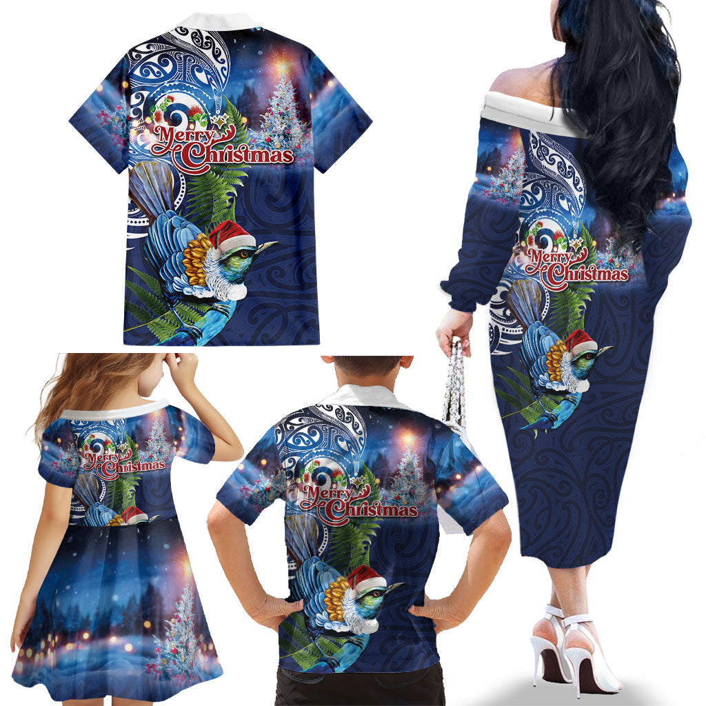 New Zealand Merry Christmas Family Matching Off The Shoulder Long Sleeve Dress and Hawaiian Shirt Maori Tribal Pattern with Xmas Tui Bird LT03 - Polynesian Pride