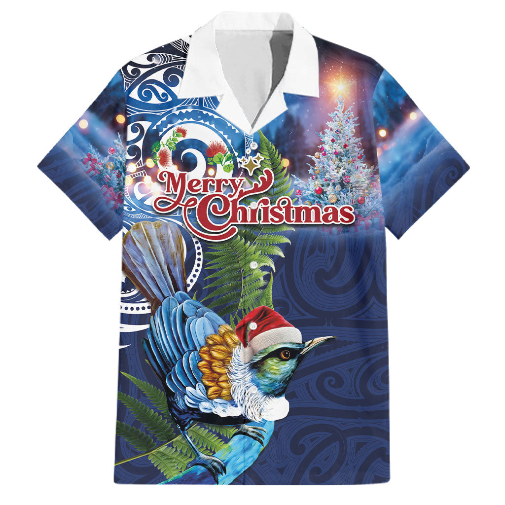 New Zealand Merry Christmas Family Matching Off Shoulder Maxi Dress and Hawaiian Shirt Maori Tribal Pattern with Xmas Tui Bird LT03 Dad's Shirt - Short Sleeve Multicolor - Polynesian Pride
