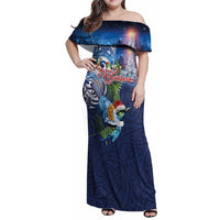 New Zealand Merry Christmas Family Matching Off Shoulder Maxi Dress and Hawaiian Shirt Maori Tribal Pattern with Xmas Tui Bird LT03 Mom's Dress Multicolor - Polynesian Pride