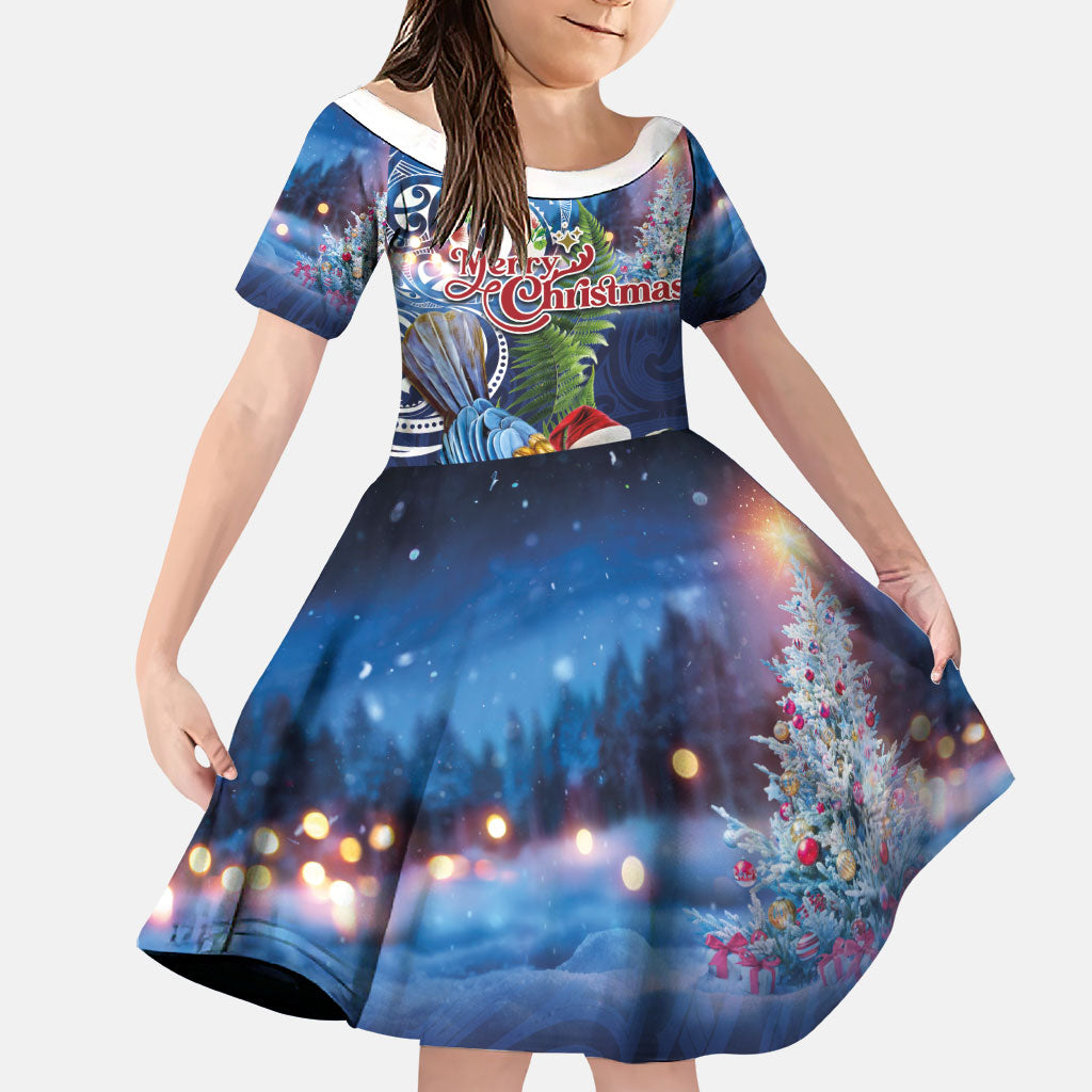 New Zealand Merry Christmas Family Matching Puletasi and Hawaiian Shirt Maori Tribal Pattern with Xmas Tui Bird LT03 Daughter's Dress Multicolor - Polynesian Pride