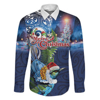 New Zealand Merry Christmas Family Matching Summer Maxi Dress and Hawaiian Shirt Maori Tribal Pattern with Xmas Tui Bird LT03 Dad's Shirt - Long Sleeve Multicolor - Polynesian Pride