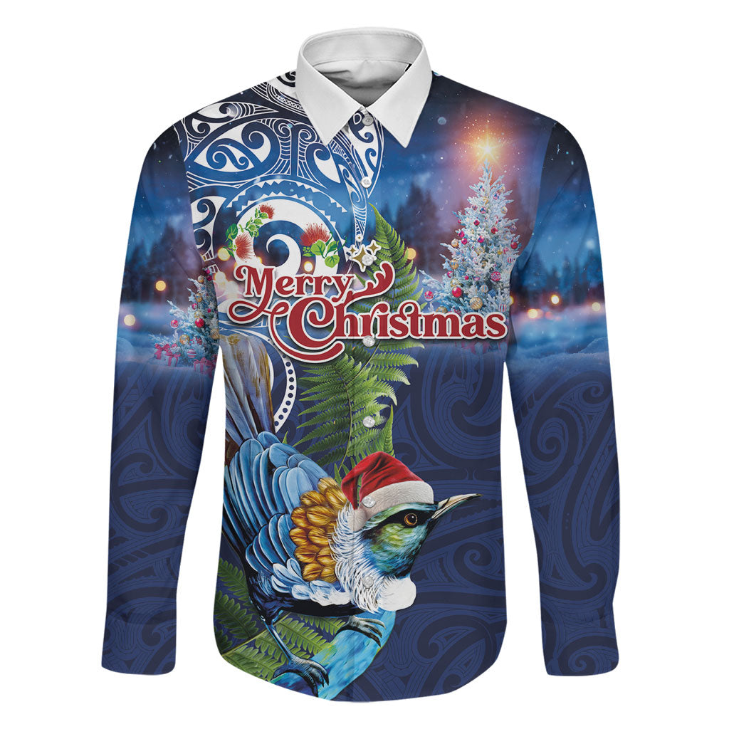 New Zealand Merry Christmas Family Matching Tank Maxi Dress and Hawaiian Shirt Maori Tribal Pattern with Xmas Tui Bird LT03 Dad's Shirt - Long Sleeve Multicolor - Polynesian Pride
