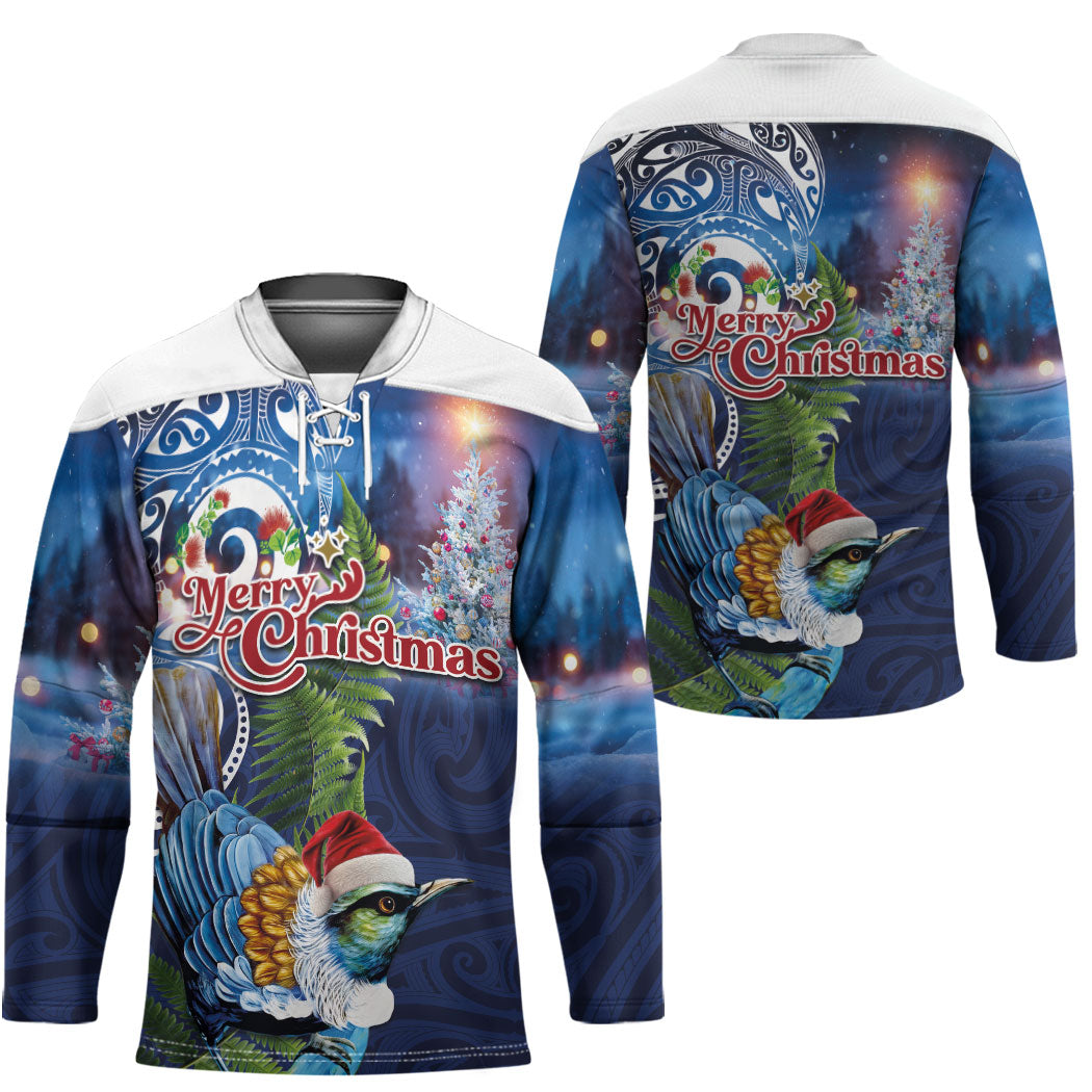 New Zealand Merry Christmas Hockey Jersey Maori Tribal Pattern with Xmas Tui Bird LT03 - Polynesian Pride