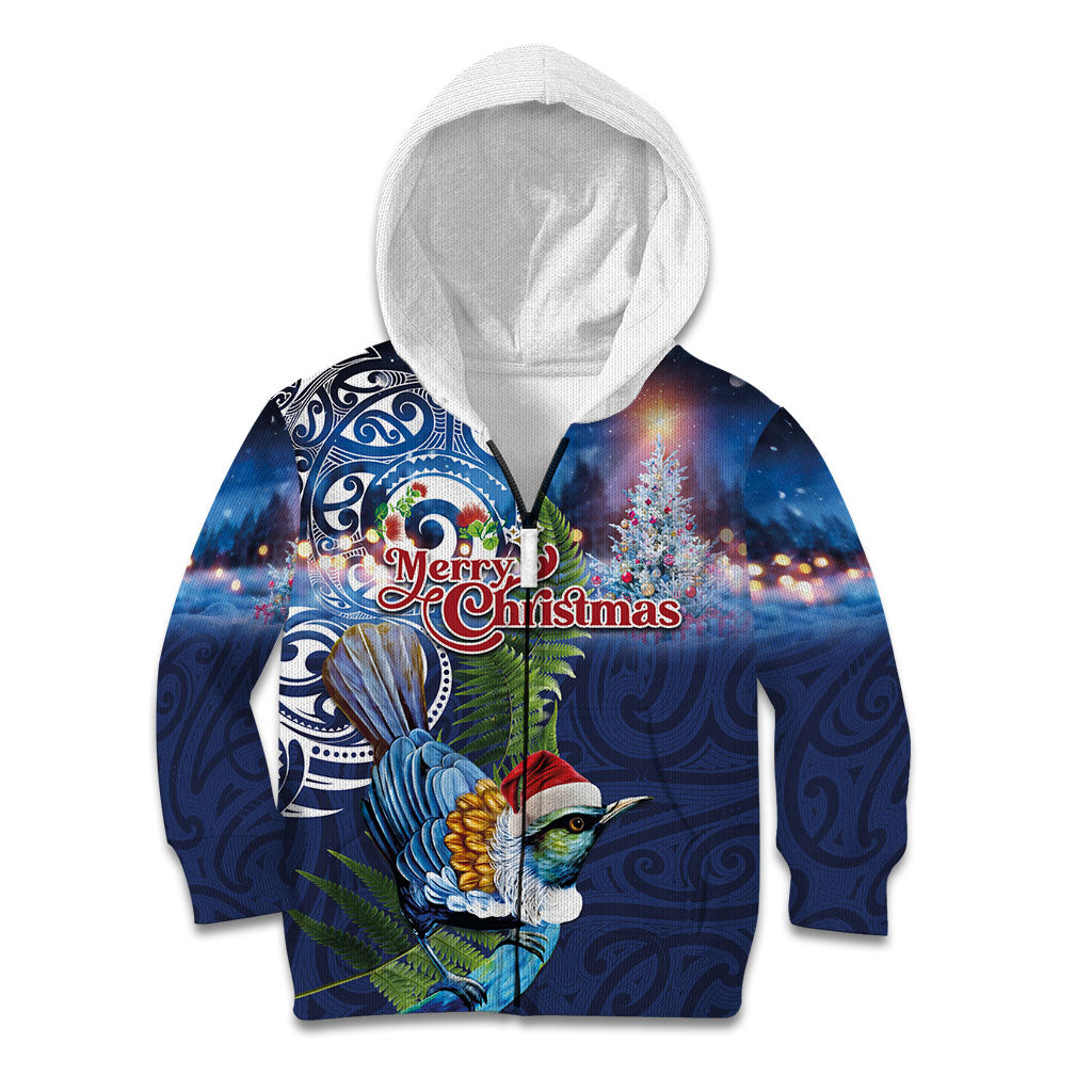 New Zealand Merry Christmas Kid Hoodie Maori Tribal Pattern with Xmas Tui Bird LT03 Zip Hoodie Multicolor - Polynesian Pride