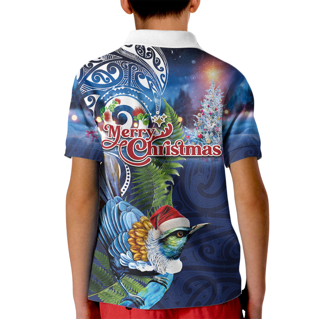 New Zealand Merry Christmas Kid Polo Shirt Maori Tribal Pattern with Xmas Tui Bird LT03 - Polynesian Pride