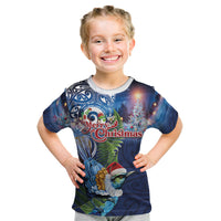 New Zealand Merry Christmas Kid T Shirt Maori Tribal Pattern with Xmas Tui Bird LT03 Multicolor - Polynesian Pride