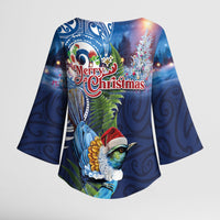 New Zealand Merry Christmas Kimono Sleeve Blouse Maori Tribal Pattern with Xmas Tui Bird LT03 - Polynesian Pride