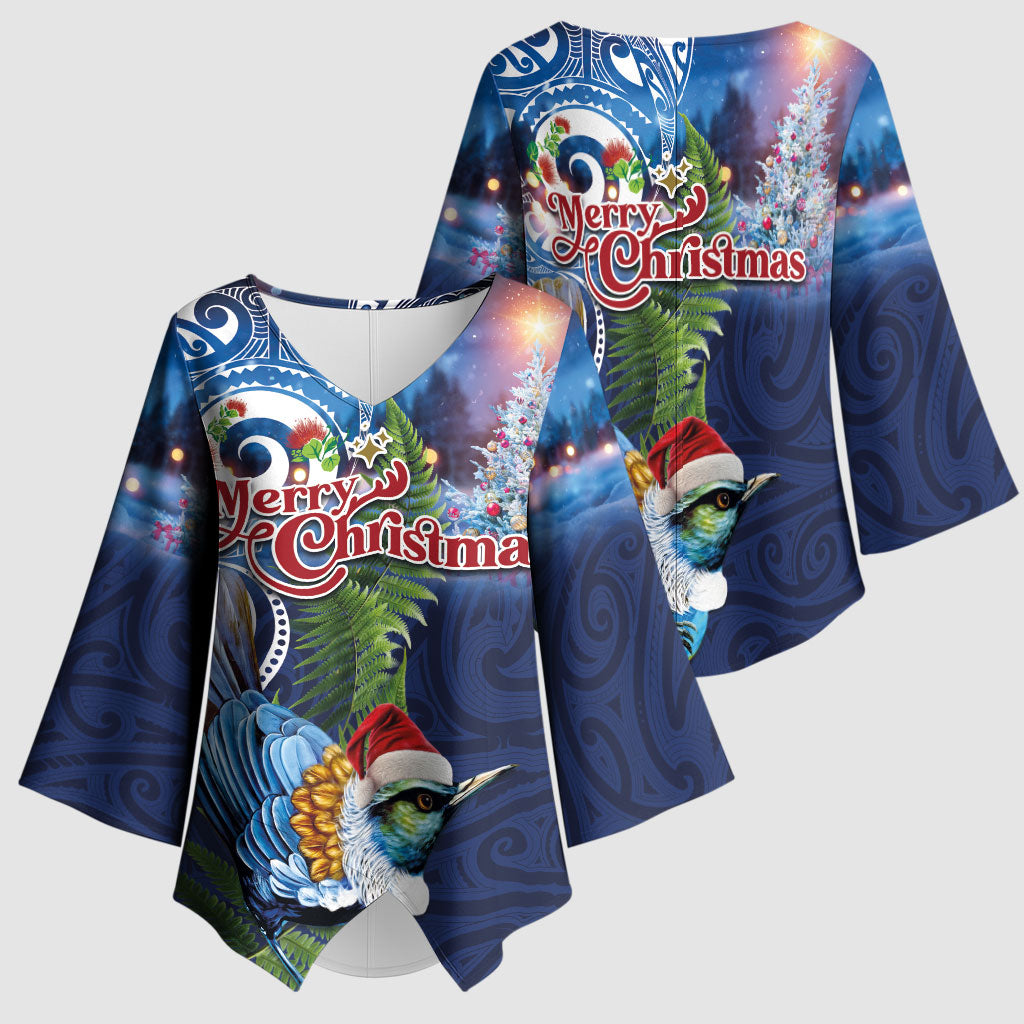 New Zealand Merry Christmas Kimono Sleeve Blouse Maori Tribal Pattern with Xmas Tui Bird LT03 - Polynesian Pride