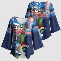 New Zealand Merry Christmas Kimono Sleeve Blouse Maori Tribal Pattern with Xmas Tui Bird LT03 - Polynesian Pride