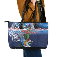 New Zealand Merry Christmas Leather Tote Bag Maori Tribal Pattern with Xmas Tui Bird LT03 - Polynesian Pride
