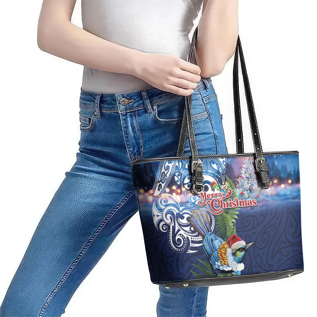 New Zealand Merry Christmas Leather Tote Bag Maori Tribal Pattern with Xmas Tui Bird LT03 - Polynesian Pride