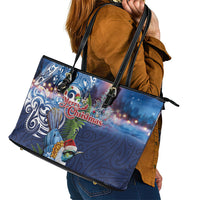 New Zealand Merry Christmas Leather Tote Bag Maori Tribal Pattern with Xmas Tui Bird LT03 - Polynesian Pride