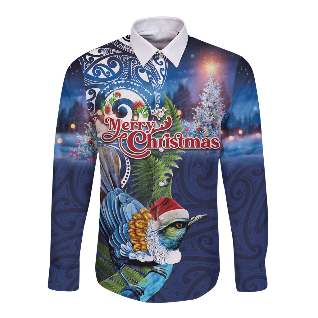 New Zealand Merry Christmas Long Sleeve Button Shirt Maori Tribal Pattern with Xmas Tui Bird LT03 Unisex Multicolor - Polynesian Pride