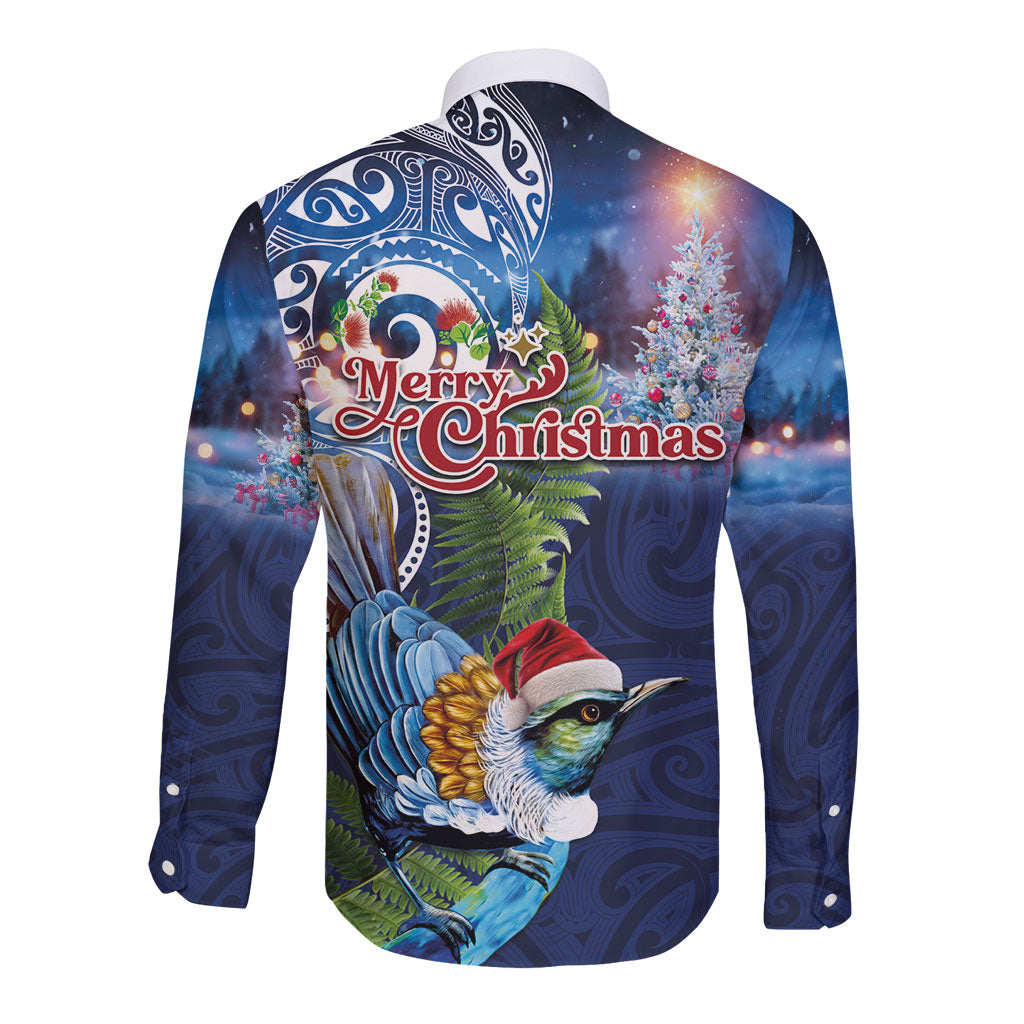 New Zealand Merry Christmas Long Sleeve Button Shirt Maori Tribal Pattern with Xmas Tui Bird LT03 - Polynesian Pride