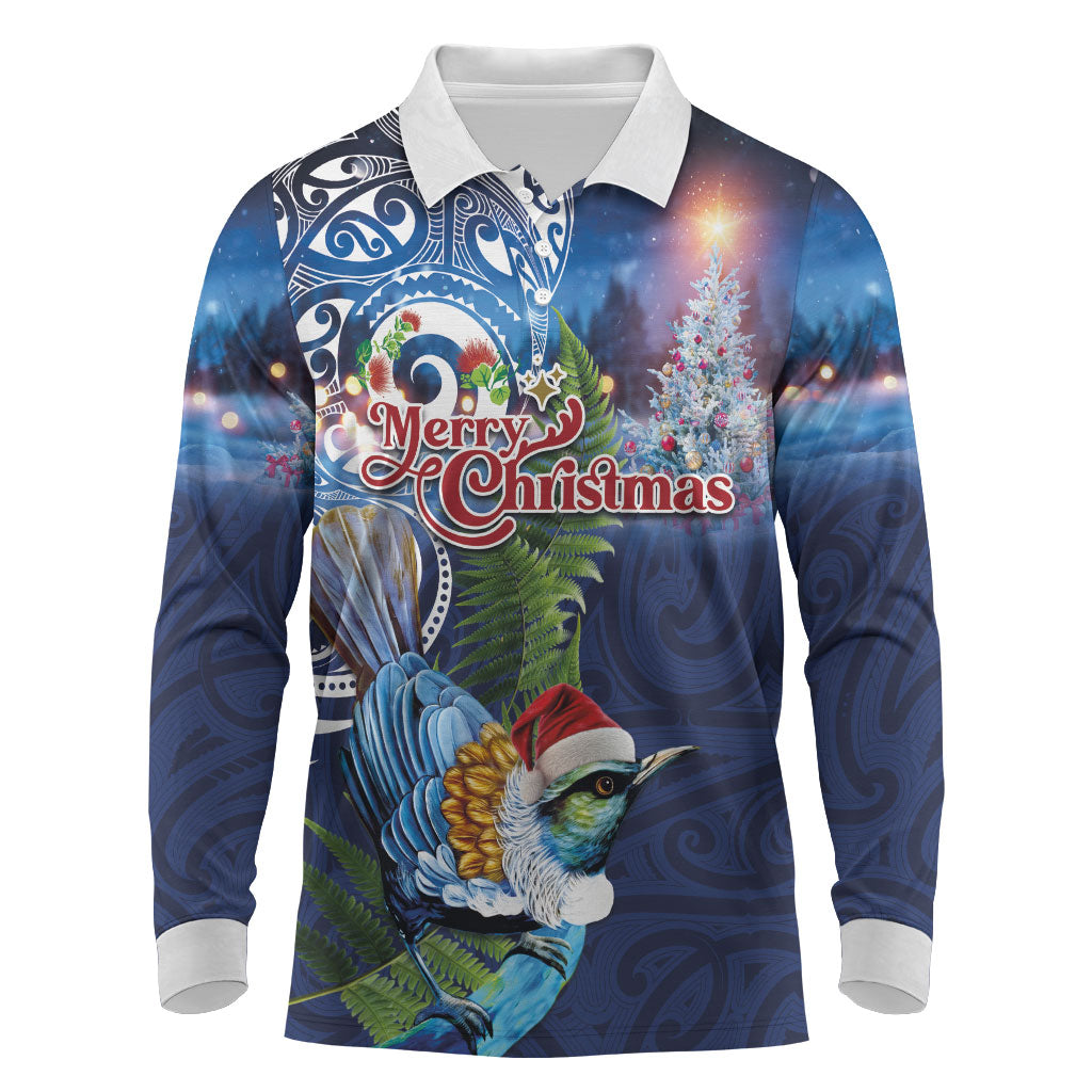 New Zealand Merry Christmas Long Sleeve Polo Shirt Maori Tribal Pattern with Xmas Tui Bird LT03 Multicolor - Polynesian Pride