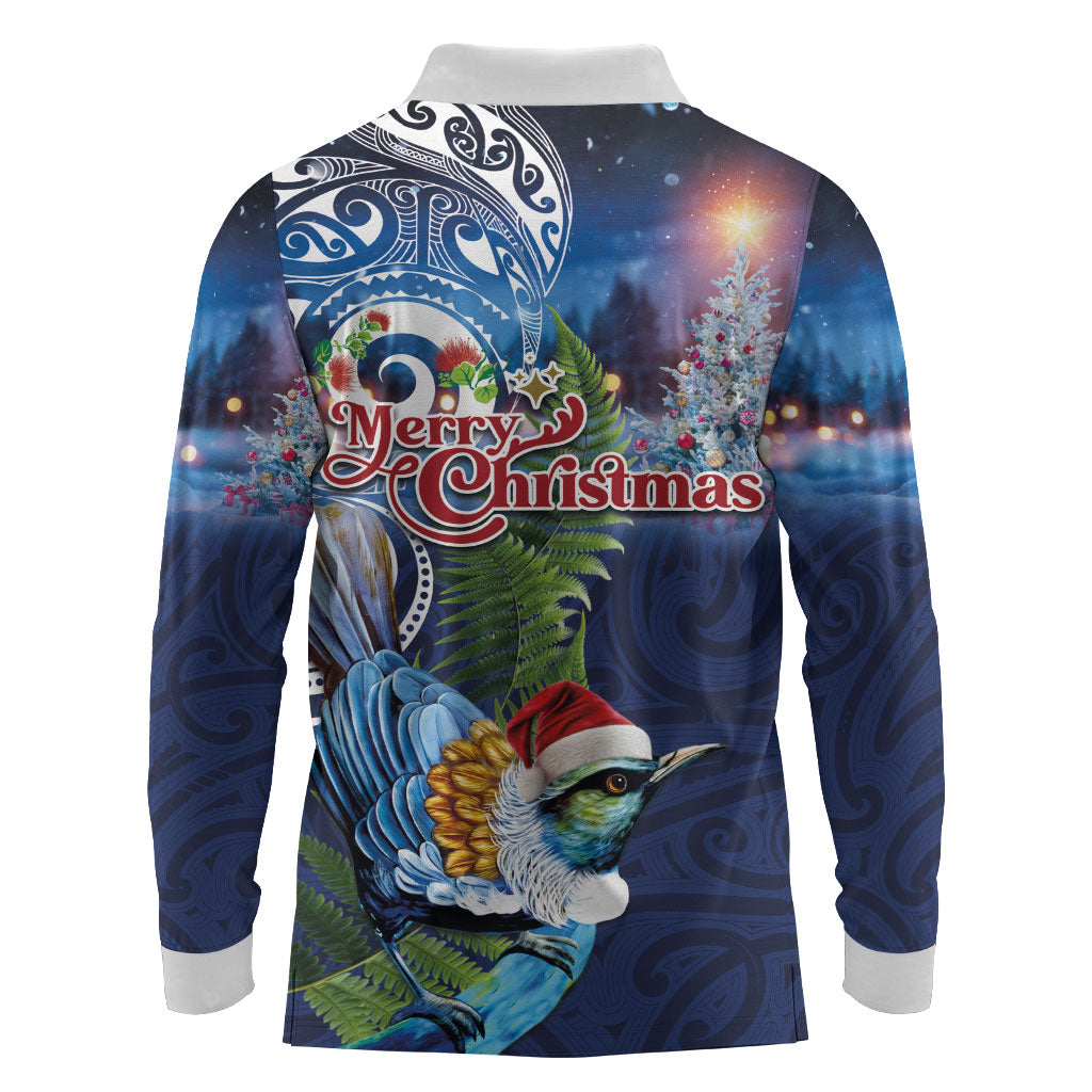 New Zealand Merry Christmas Long Sleeve Polo Shirt Maori Tribal Pattern with Xmas Tui Bird LT03 - Polynesian Pride