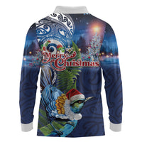 New Zealand Merry Christmas Long Sleeve Polo Shirt Maori Tribal Pattern with Xmas Tui Bird LT03 - Polynesian Pride