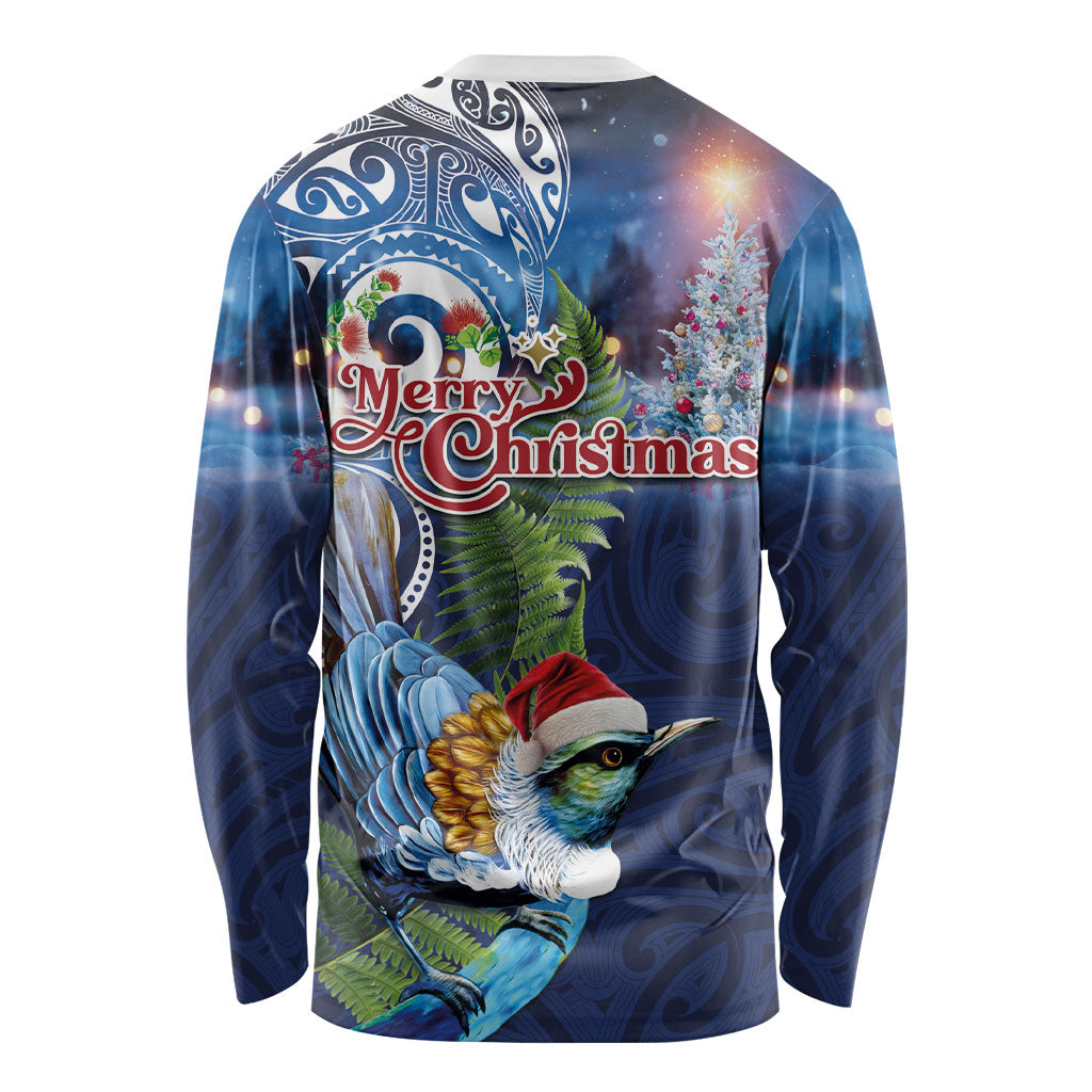 New Zealand Merry Christmas Long Sleeve Shirt Maori Tribal Pattern with Xmas Tui Bird LT03 - Polynesian Pride