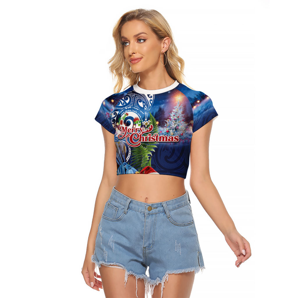 New Zealand Merry Christmas Raglan Cropped T Shirt Maori Tribal Pattern with Xmas Tui Bird LT03 Female Multicolor - Polynesian Pride
