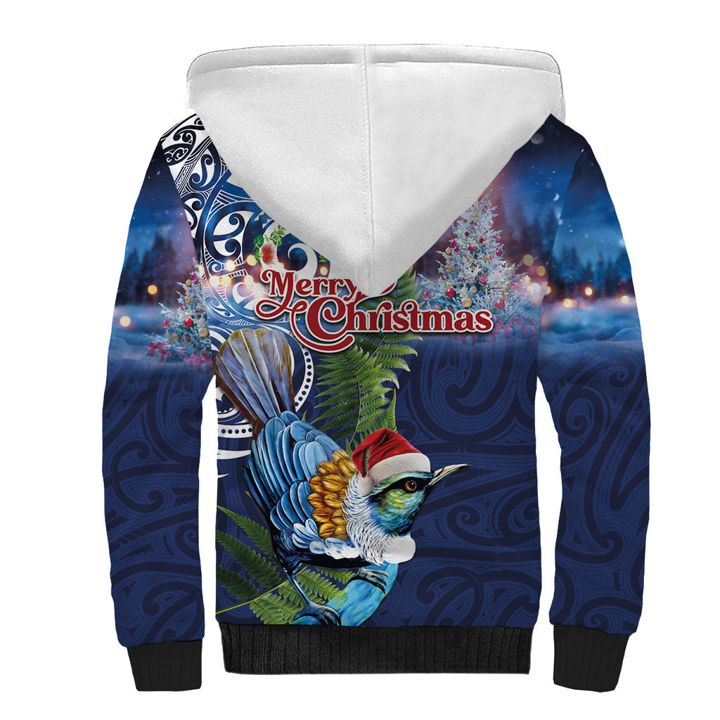 New Zealand Merry Christmas Sherpa Hoodie Maori Tribal Pattern with Xmas Tui Bird LT03 - Polynesian Pride