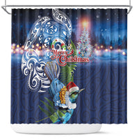 New Zealand Merry Christmas Shower Curtain Maori Tribal Pattern with Xmas Tui Bird LT03 Multicolor - Polynesian Pride