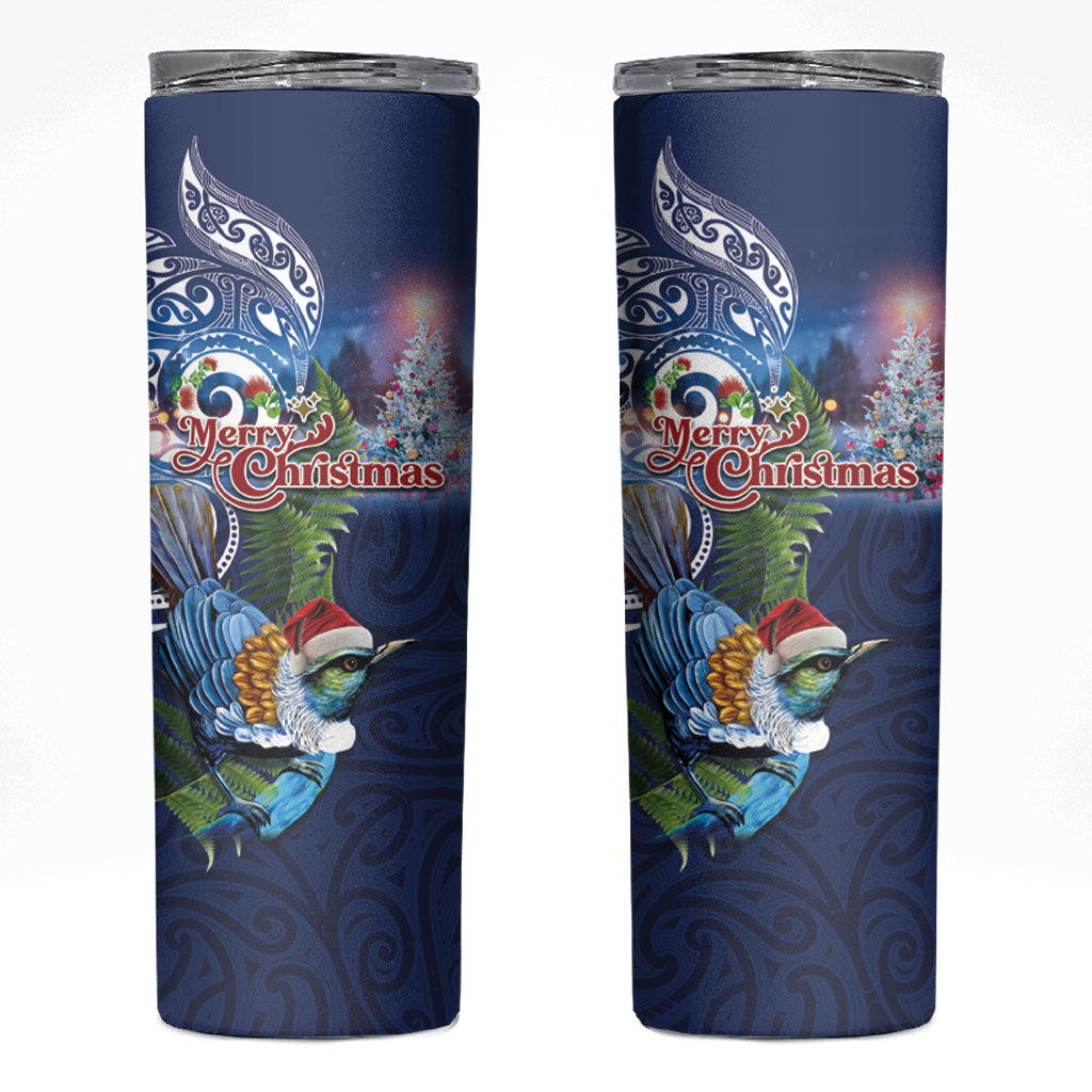 New Zealand Merry Christmas Skinny Tumbler Maori Tribal Pattern with Xmas Tui Bird LT03 Multicolor - Polynesian Pride