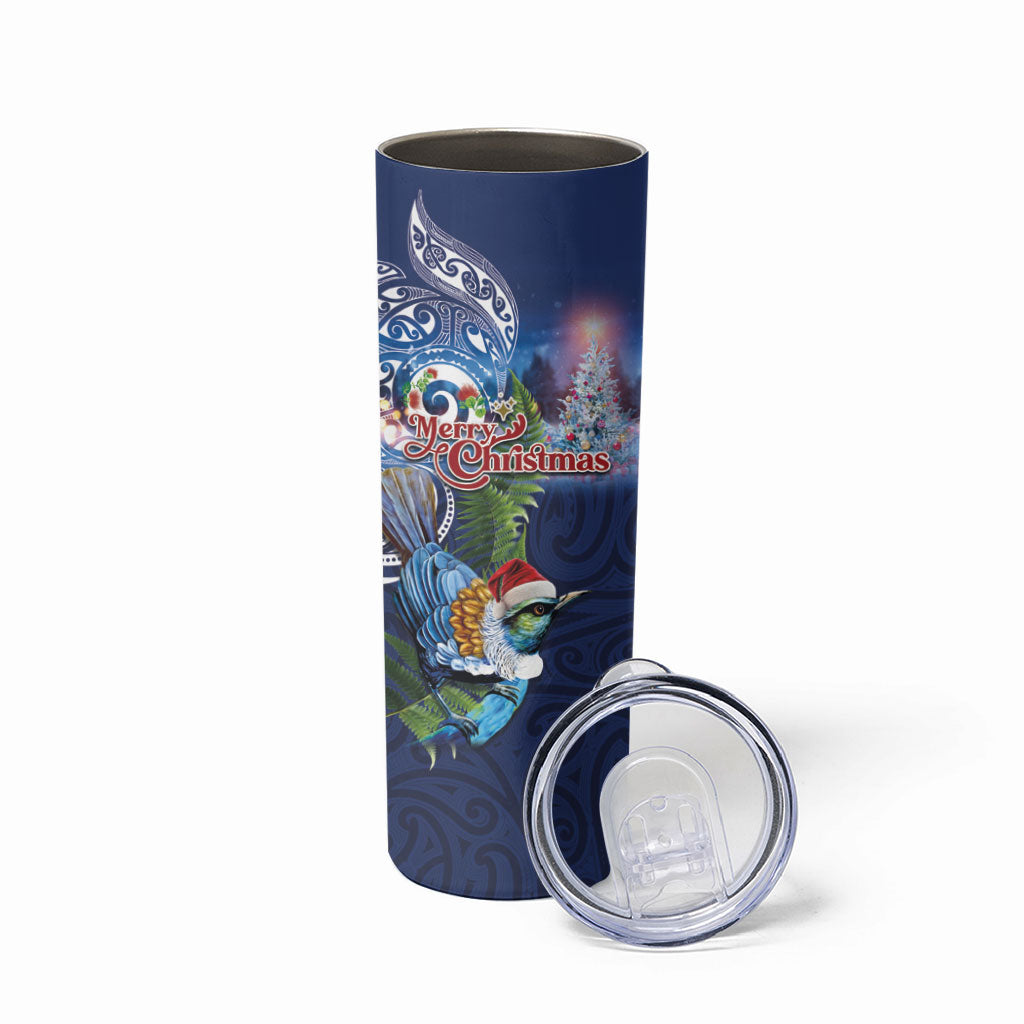 New Zealand Merry Christmas Skinny Tumbler Maori Tribal Pattern with Xmas Tui Bird LT03 - Polynesian Pride
