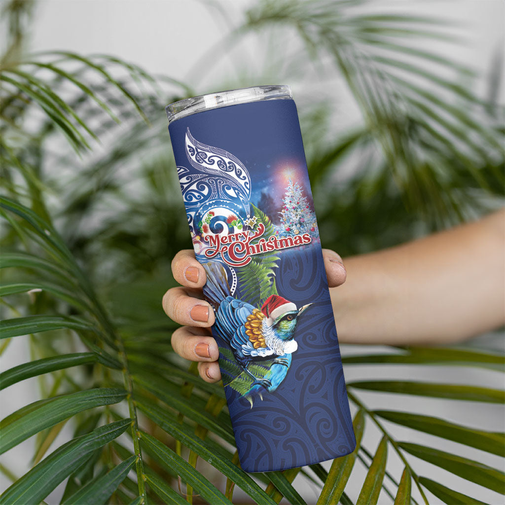 New Zealand Merry Christmas Skinny Tumbler Maori Tribal Pattern with Xmas Tui Bird LT03 - Polynesian Pride